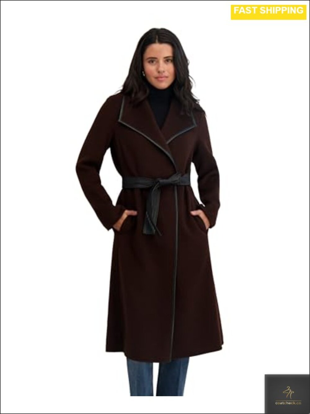Juliette Wool Blend Wrap Coat Long PU Leather Belt Trim